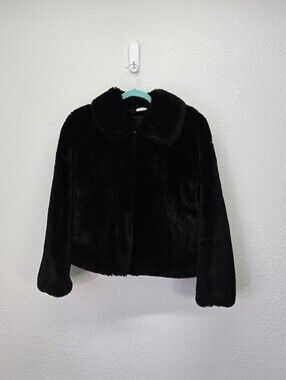 Brandy Melville John Galt Black Fuzzy Teddy Faux Fur Zip Up Coat Jacket One Size